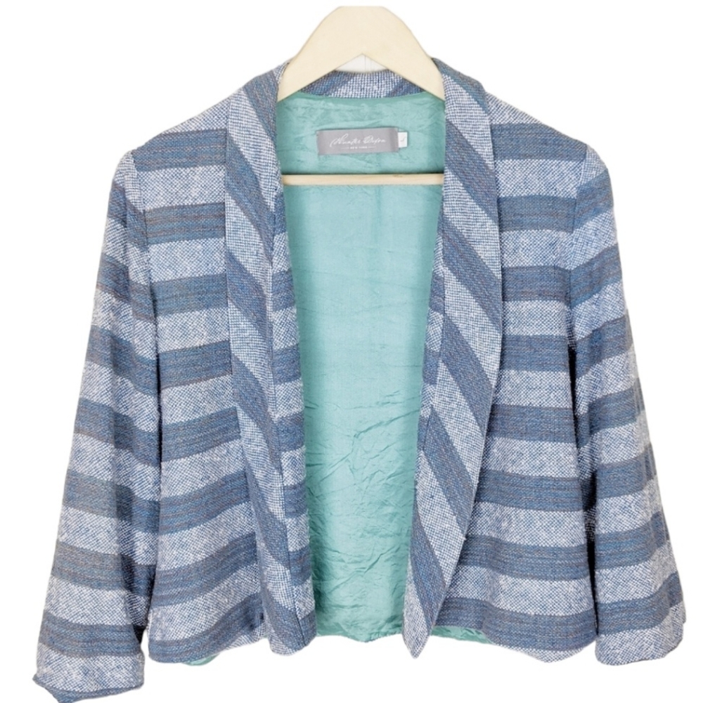 Anthropologie Hunter Dixon Cropped Tweed Jacket Blue 3/4 Sleeve Silk Blend Sz L